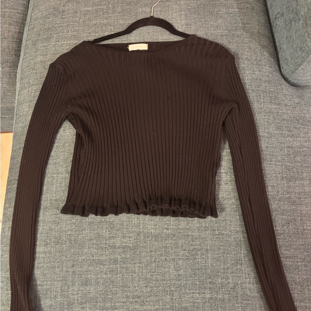 Altar'd State Black Ribbed Long-Sleeve Crop Top